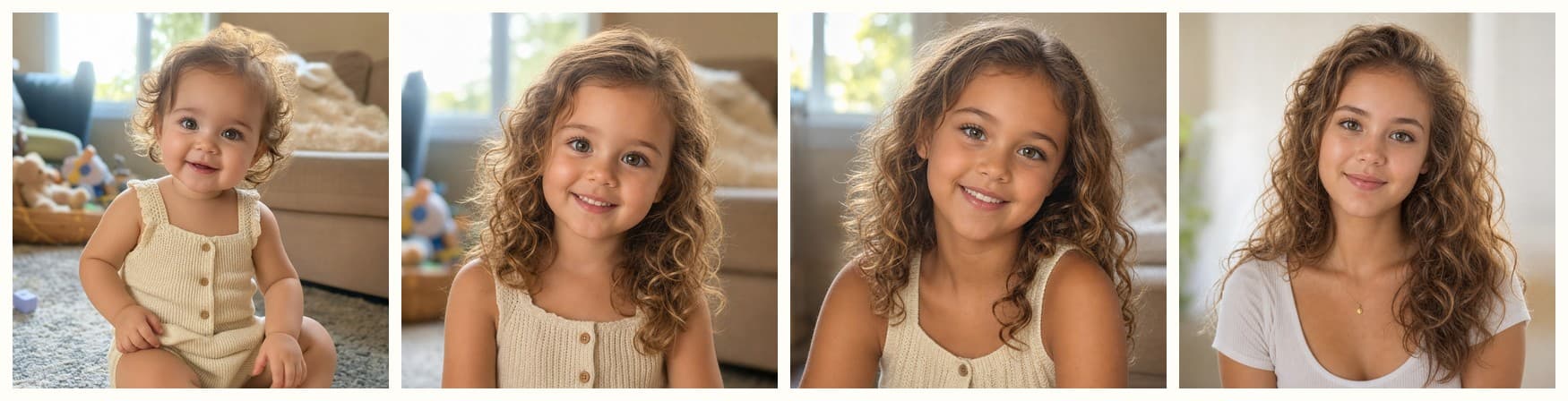 One uploaded baby photo, aged to 6, 10 and 18 with this tool