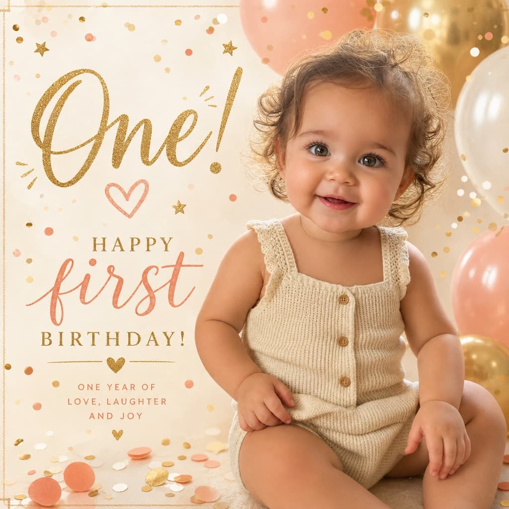 A real first-birthday card generated from one photo
