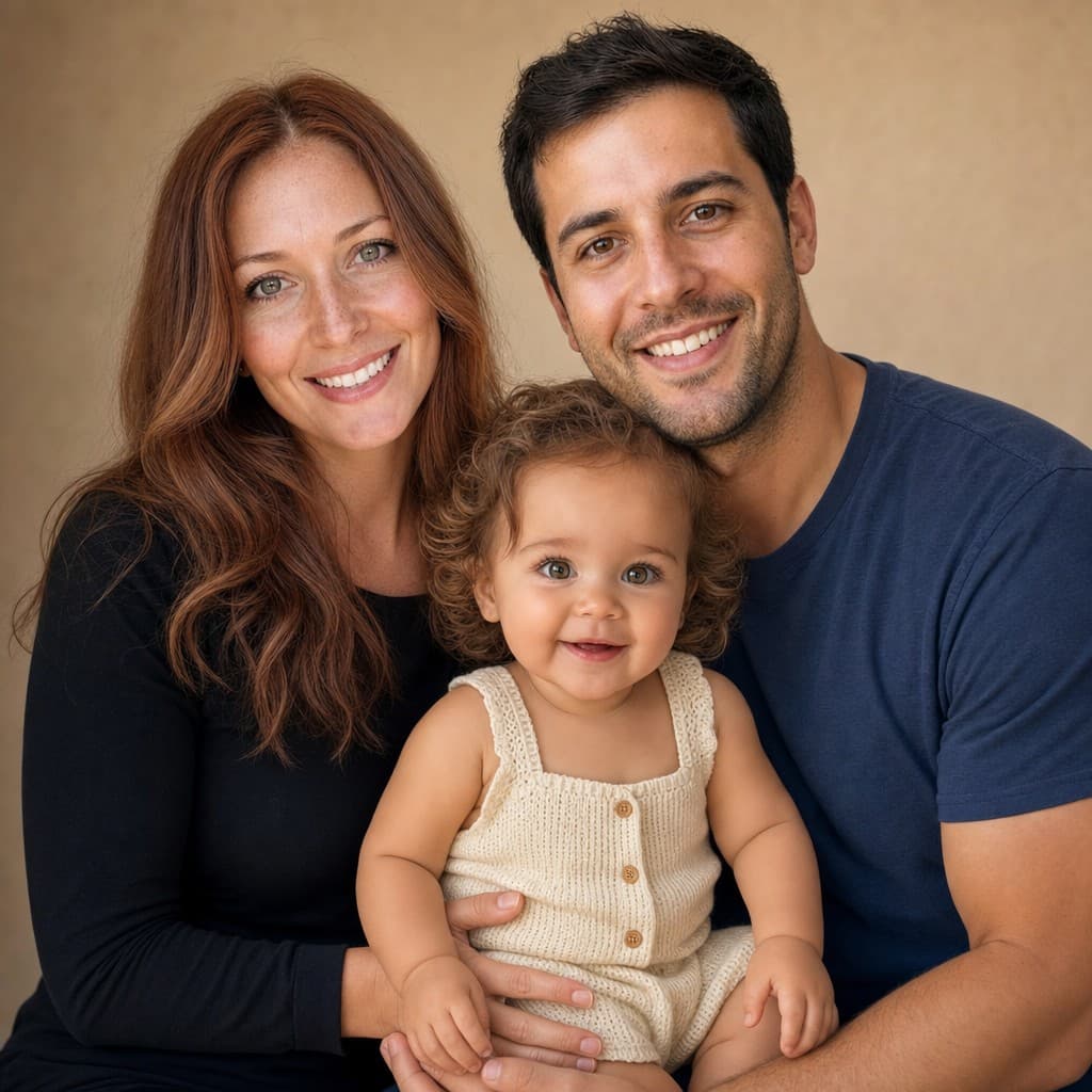 A real family portrait composed from three photos